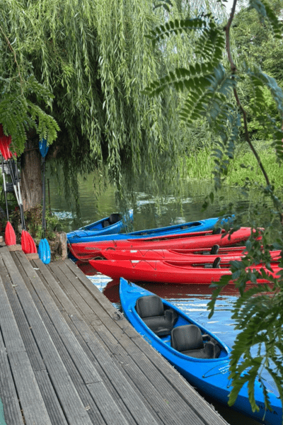 Anlegesteg mit einigen leeren Kanus im Spreewald