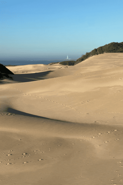 Blick von der Düne aus mit dem Leuchtturm im Huntergrund
